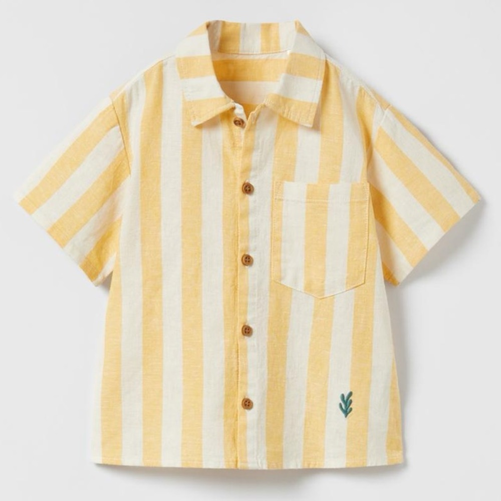 Zara Kids Embroidered Linen Yellow Striped Pocket Shirt- 3-4T